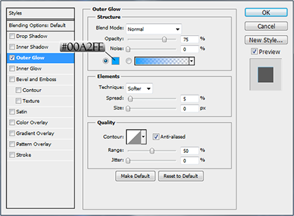 Blue Outer Glow settings